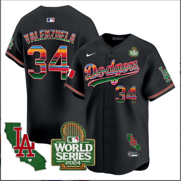 Men MLB Mexico Los Angeles Dodgers #34 Valenzuela black 2024 World Series Champions Patch Jersey 20241105